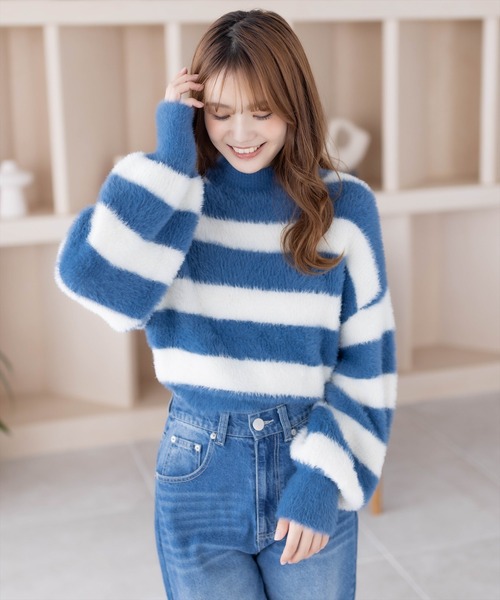 Stone  ハイネックニットセーター クリーム色 LUCPY ニット セーター 立体ケーブル編みハイネックニット／ゆったり