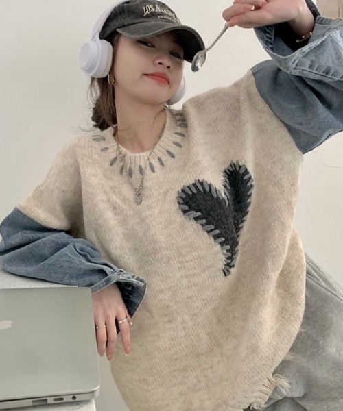 カ*キ様 ハンドステッチワンポイントスラブクルーネックニット　サイズS ハンドステッチワンポイントスラブクルーネックニット サイズS