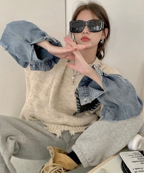 Sibra（シブラ）の「ハンドステッチ風オーバーサイズニット（ニット/セーター・レディース・グレー・M）」の11枚目の写真