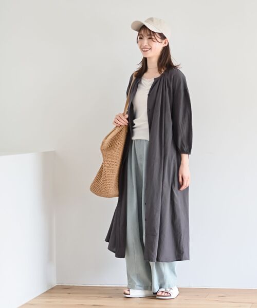 総刺繍バンドカラー9分袖シャツワンピース（シャツワンピース
