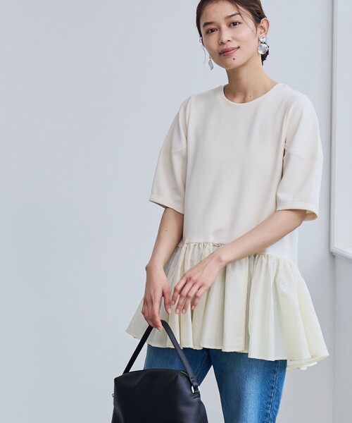 coen(コーエン)の「【RONEL】クリアポンチ異素材ドッキングペプラムカットソー(Tシャツ/カットソー・レディース・ネイビー/ベージュ/ホワイト/ブラック・M/S)」の1枚目の写真