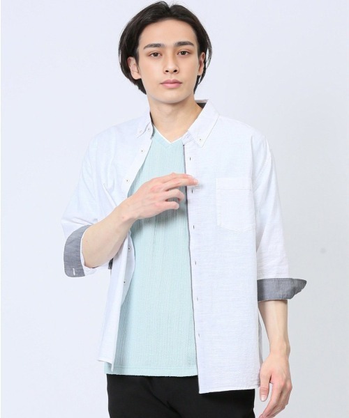 m.f.エディトリアル メンズ コットンリネン ボタンダウン7分袖シャツ（シャツ/ブラウス）｜m.f.editorial（エムエフエディトリアル）