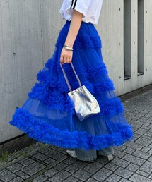 【LVEU.】ティアードボリュームチュールスカート / ボトムス スカート チュール ティアード フリル ボリューム ロング ミモレ丈 ブルー