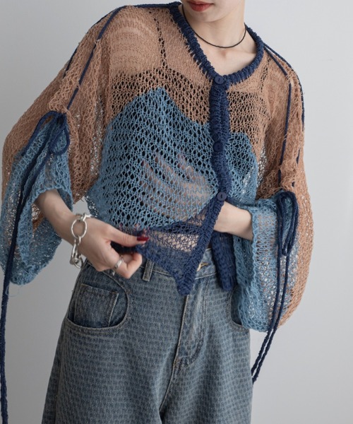 VACANCY(ヴァカンシー)の「透かし編みウェーブリボンカーディガン(カーディガン/ボレロ・レディース・グリーン/ブラック/ブルー・FREE)」の3枚目の写真