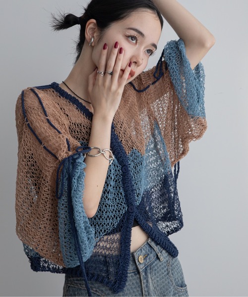 VACANCY(ヴァカンシー)の「透かし編みウェーブリボンカーディガン(カーディガン/ボレロ・レディース・グリーン/ブラック/ブルー・FREE)」の9枚目の写真