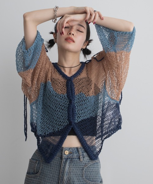VACANCY(ヴァカンシー)の「透かし編みウェーブリボンカーディガン(カーディガン/ボレロ・レディース・グリーン/ブラック/ブルー・FREE)」の8枚目の写真