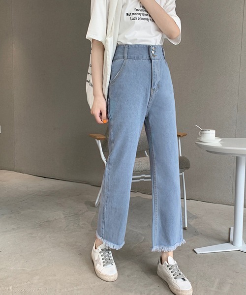 Miniministore(ミニミニストア)の「裾フリンジ9分丈デニムパンツハイウエスト(デニムパンツ・レディース・サックスブルー/インディゴブルー・L/S/XL/M)」の2枚目の写真