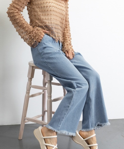 Miniministore(ミニミニストア)の「裾フリンジ9分丈デニムパンツハイウエスト(デニムパンツ・レディース・サックスブルー/インディゴブルー・L/S/XL/M)」の12枚目の写真