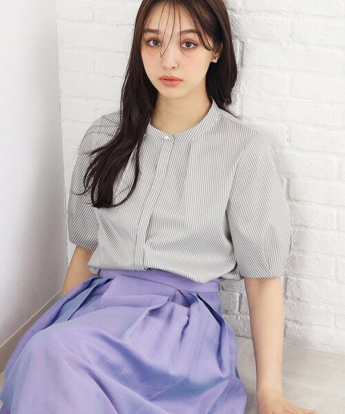 index（インデックス）の「◆UV カラーストライプバンドカラーブラウス【防シワ/イージーアイロン/洗濯機洗い可】（シャツ/ブラウス・レディース・ホワイト系5/パープル系1/グレー系2・36/38/40/42）」の2枚目の写真