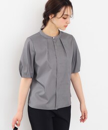 ◆UV カラーストライプバンドカラーブラウス【防シワ/イージーアイロン/洗濯機洗い可】