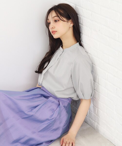 index（インデックス）の「◆UV カラーストライプバンドカラーブラウス【防シワ/イージーアイロン/洗濯機洗い可】（シャツ/ブラウス・レディース・ホワイト系5/パープル系1/グレー系2・36/38/40/42）」の8枚目の写真