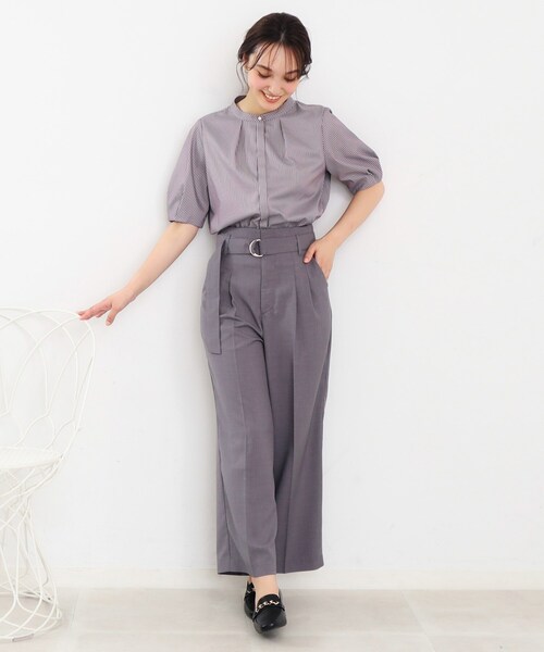 index（インデックス）の「◆UV カラーストライプバンドカラーブラウス【防シワ/イージーアイロン/洗濯機洗い可】（シャツ/ブラウス・レディース・ホワイト系5/パープル系1/グレー系2・36/38/40/42）」の4枚目の写真