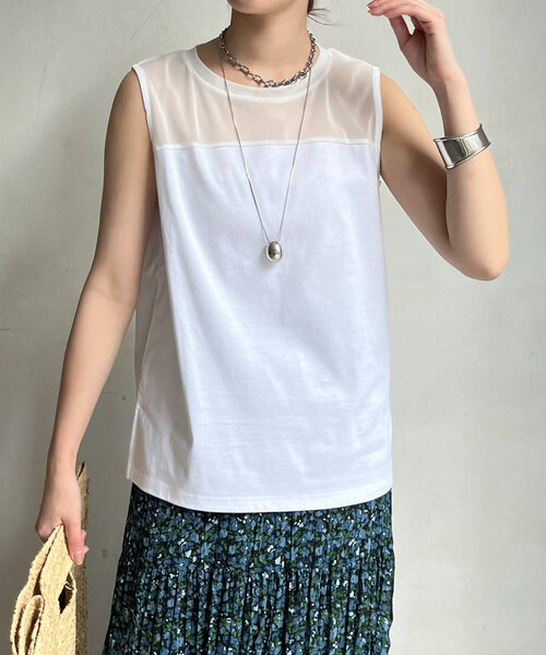 DouDou（ドゥドゥ）の「チュール切替シアータンク（Tシャツ/カットソー・レディース・ホワイト/ライトベージュ/ブラック・FREE）」の9枚目の写真