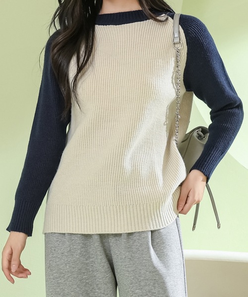 バイカラー ラグラン袖 長袖 ニット プルオーバー（ニット