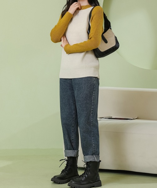 セール】バイカラー ラグラン袖 長袖 ニット プルオーバー