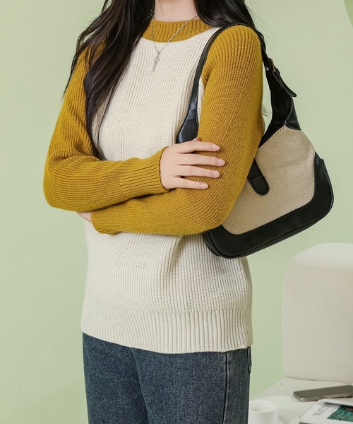 【美品】バイカラー クルーネック長袖ニットサイズXL バイカラー ラグラン袖 長袖 ニット プルオーバー（ニット