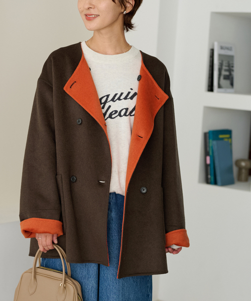 JOURNAL STANDARD relume(ジャーナルスタンダード レリューム)の「リバーシブルノーカラーショートコート(ノーカラーコート・レディース・ネイビー/ブラウン/グレー・38/36)」の3枚目の写真