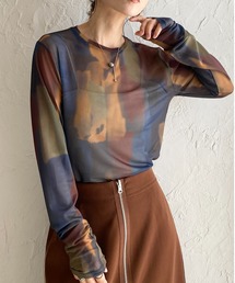 She's Closet | 総柄ニュアンス柄長袖クルーネックシアートップス(Tシャツ/カットソー)