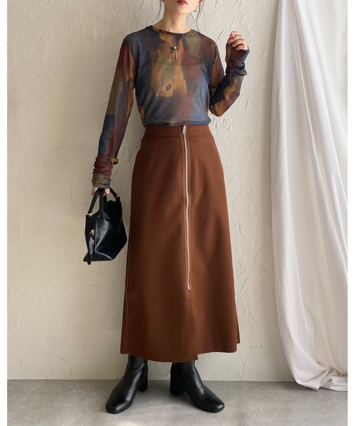 セール】総柄ニュアンス柄長袖クルーネックシアートップス（Tシャツ