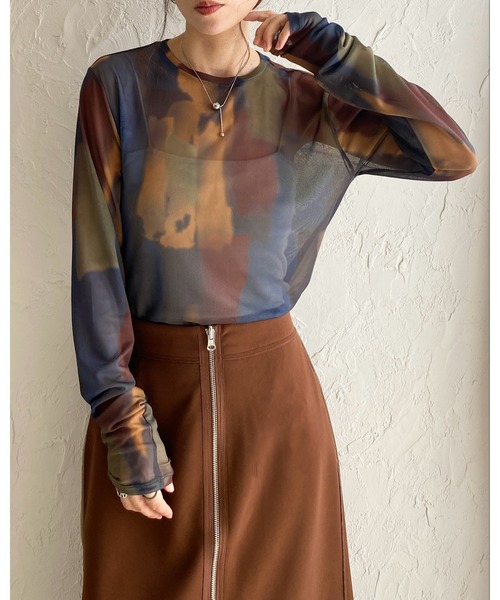 セール】総柄ニュアンス柄長袖クルーネックシアートップス（Tシャツ