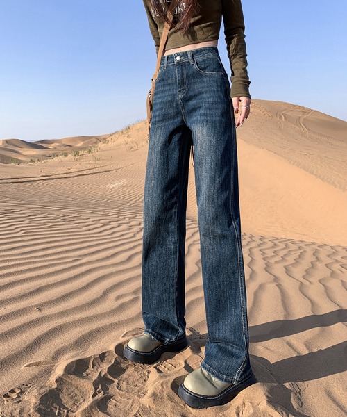 aimoha（アイモハ）の「【Aimoha】ストレートフィット ドレープジーンズ（デニムパンツ・レディース・ネイビー/ライトブルー/グレー/ブルー・SMALL/MEDIUM/LARGE）」の3枚目の写真