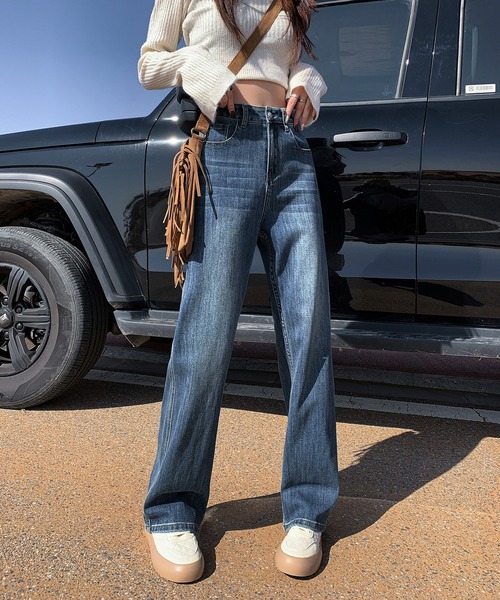 aimoha（アイモハ）の「【Aimoha】ストレートフィット ドレープジーンズ（デニムパンツ・レディース・ネイビー/ライトブルー/グレー/ブルー・SMALL/MEDIUM/LARGE）」の4枚目の写真