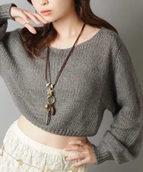 ショート丈モヘアタッチ透かし編みメッシュニット（ニット/セーター