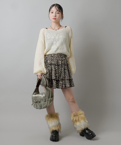 ショート丈モヘアタッチ透かし編みメッシュニット（ニット