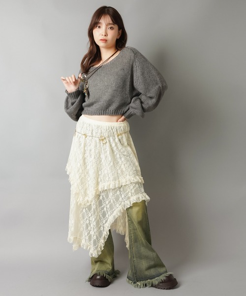 SPINNS（スピンズ）の「ショート丈モヘアタッチ透かし編みメッシュニット（ニット/セーター・レディース・グレー/ブラック/アイボリー/カーキ/バーガンディー/ブラウン/杢グレー・ONESIZE）」の14枚目の写真