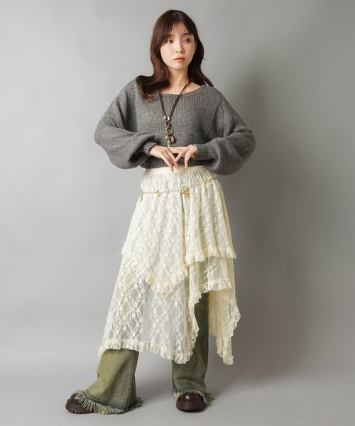 SPINNS（スピンズ）の「ショート丈モヘアタッチ透かし編みメッシュニット（ニット/セーター・レディース・グレー/ブラック/アイボリー/カーキ/バーガンディー/ブラウン/杢グレー・ONESIZE）」の15枚目の写真