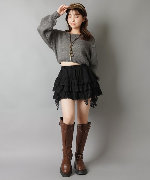 SPINNS（スピンズ）の「ショート丈モヘアタッチ透かし編みメッシュニット（ニット/セーター・レディース・グレー/ブラック/アイボリー/カーキ/バーガンディー/ブラウン/杢グレー・ONESIZE）」の18枚目の写真