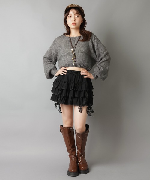 SPINNS（スピンズ）の「ショート丈モヘアタッチ透かし編みメッシュニット（ニット/セーター・レディース・グレー/ブラック/アイボリー/カーキ/バーガンディー/ブラウン/杢グレー・ONESIZE）」の19枚目の写真