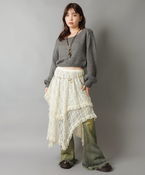 SPINNS（スピンズ）の「ショート丈モヘアタッチ透かし編みメッシュニット（ニット/セーター・レディース・グレー/ブラック/アイボリー/カーキ/バーガンディー/ブラウン/杢グレー・ONESIZE）」の16枚目の写真