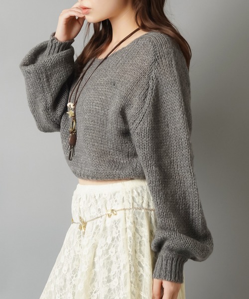 SPINNS（スピンズ）の「ショート丈モヘアタッチ透かし編みメッシュニット（ニット/セーター・レディース・グレー/ブラック/アイボリー/カーキ/バーガンディー/ブラウン/杢グレー・ONESIZE）」の12枚目の写真