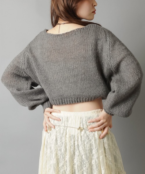 SPINNS（スピンズ）の「ショート丈モヘアタッチ透かし編みメッシュニット（ニット/セーター・レディース・グレー/ブラック/アイボリー/カーキ/バーガンディー/ブラウン/杢グレー・ONESIZE）」の13枚目の写真