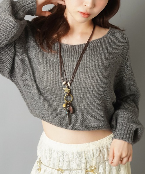 SPINNS（スピンズ）の「ショート丈モヘアタッチ透かし編みメッシュニット（ニット/セーター・レディース・グレー/ブラック/アイボリー/カーキ/バーガンディー/ブラウン/杢グレー・ONESIZE）」の11枚目の写真