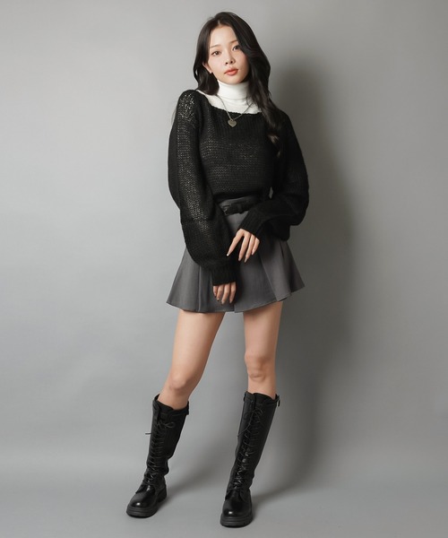 ショート丈モヘアタッチ透かし編みメッシュニット（ニット/セーター