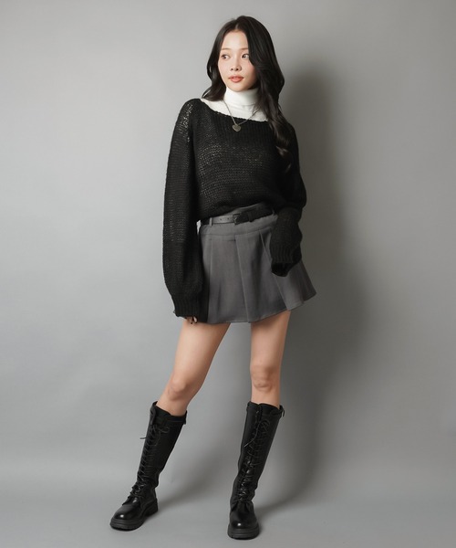 SPINNS（スピンズ）の「ショート丈モヘアタッチ透かし編みメッシュニット（ニット/セーター・レディース・グレー/ブラック/アイボリー/カーキ/バーガンディー/ブラウン/杢グレー・ONESIZE）」の22枚目の写真