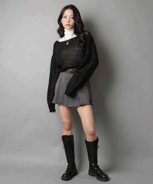 SPINNS（スピンズ）の「ショート丈モヘアタッチ透かし編みメッシュニット（ニット/セーター・レディース・グレー/ブラック/アイボリー/カーキ/バーガンディー/ブラウン/杢グレー・ONESIZE）」の21枚目の写真