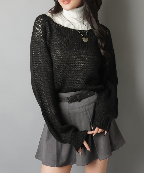 SPINNS（スピンズ）の「ショート丈モヘアタッチ透かし編みメッシュニット（ニット/セーター・レディース・グレー/ブラック/アイボリー/カーキ/バーガンディー/ブラウン/杢グレー・ONESIZE）」の18枚目の写真