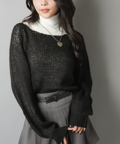 ショート丈モヘアタッチ透かし編みメッシュニット（ニット/セーター