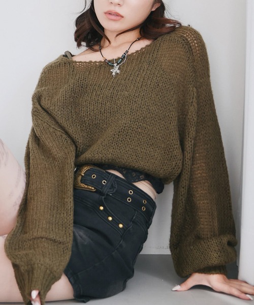 SPINNS（スピンズ）の「ショート丈モヘアタッチ透かし編みメッシュニット（ニット/セーター・レディース・グレー/ブラック/アイボリー/カーキ/バーガンディー/ブラウン/杢グレー・ONESIZE）」の15枚目の写真