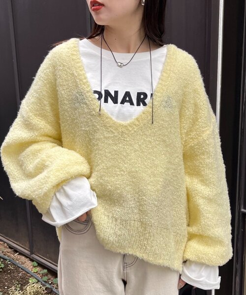 CIAOPANIC TYPY（チャオパニックティピー）の「深Vネックブークレシアーニット（ニット/セーター・レディース・ベージュ/イエロー/オフホワイト/ブラック・ONE SIZE）」の21枚目の写真