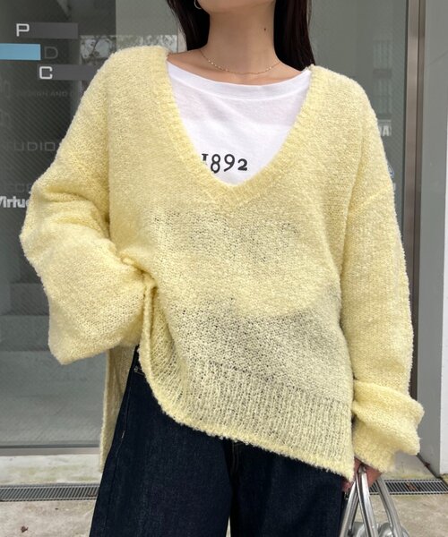 CIAOPANIC TYPY（チャオパニックティピー）の「深Vネックブークレシアーニット（ニット/セーター・レディース・ベージュ/イエロー/オフホワイト/ブラック・ONE SIZE）」の16枚目の写真