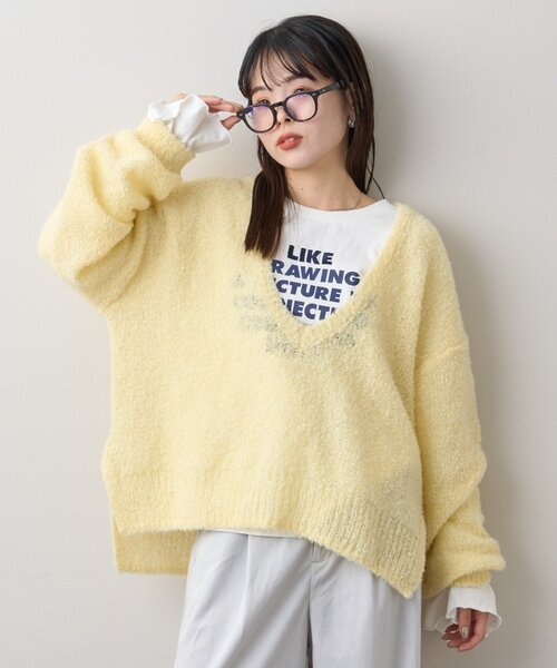 CIAOPANIC TYPY（チャオパニックティピー）の「深Vネックブークレシアーニット（ニット/セーター・レディース・ベージュ/イエロー/オフホワイト/ブラック・ONE SIZE）」の14枚目の写真