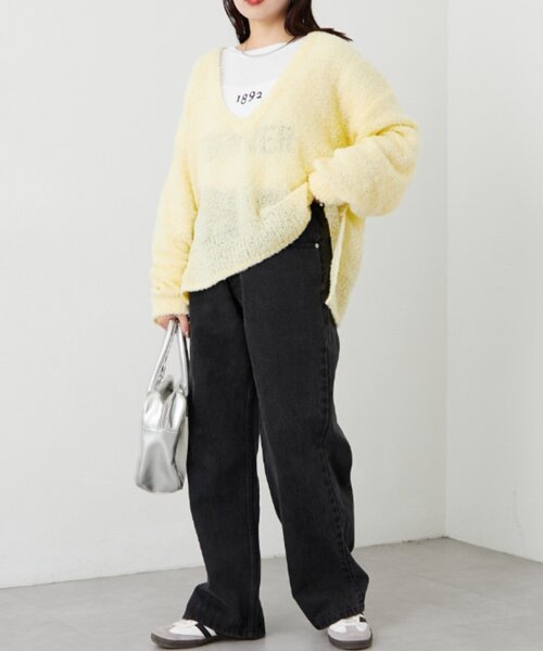 CIAOPANIC TYPY（チャオパニックティピー）の「深Vネックブークレシアーニット（ニット/セーター・レディース・ベージュ/イエロー/オフホワイト/ブラック・ONE SIZE）」の8枚目の写真