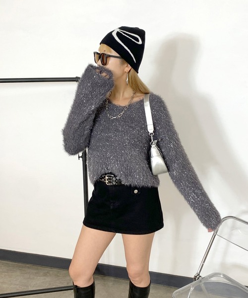 non-hedge(ノンヘッジ)の「シャギーラメショート丈ニットトップス(ニット/セーター・レディース・チャコールグレー/オフホワイト/ベージュ・FREE)」の14枚目の写真