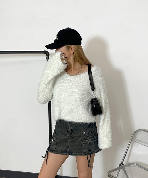 non-hedge(ノンヘッジ)の「シャギーラメショート丈ニットトップス(ニット/セーター・レディース・チャコールグレー/オフホワイト/ベージュ・FREE)」の4枚目の写真