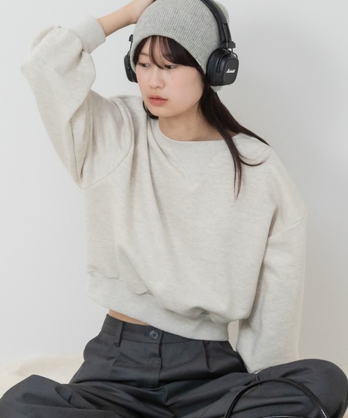 セール】クロップドスウェットトップス / ショート丈 スウェット 長袖
