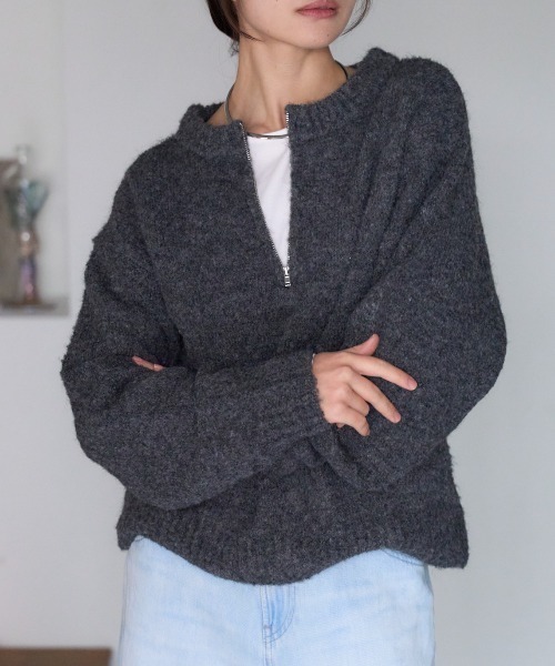 TRIANGLE PALETTE（トライアングルパレット）の「ジップアップニット（ニット/セーター・レディース・グレイッシュベージュ/ダークグレー/ブルー/ブラウン・FREE）」の6枚目の写真